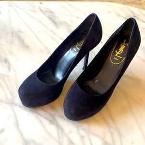 YSL Tribtoo Navy Suede Platform Pump 100